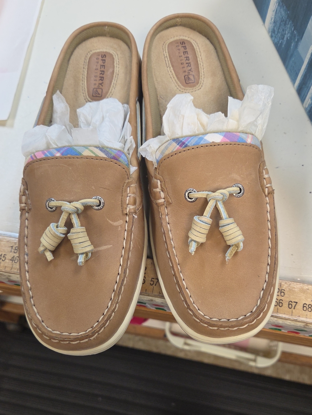 Sperry Tan Leather Moccasin Flats with Pastel Plaid Trim